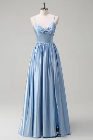 Sky Blue A Line Pleated Hollow Out Bridesmaid Dress with Bow