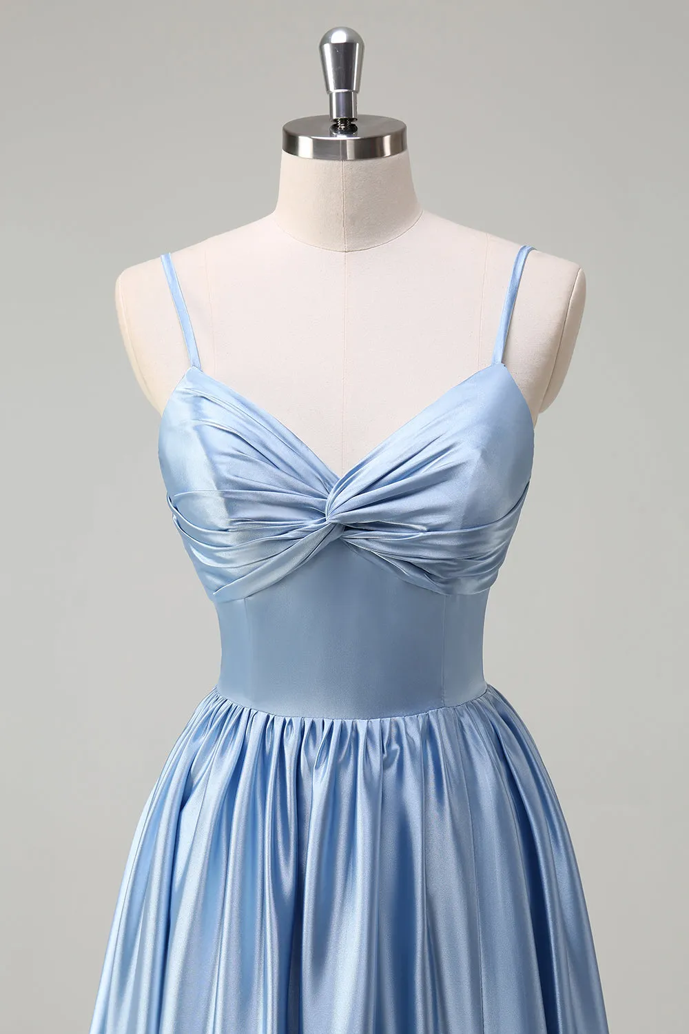 Sky Blue A Line Pleated Hollow Out Bridesmaid Dress with Bow