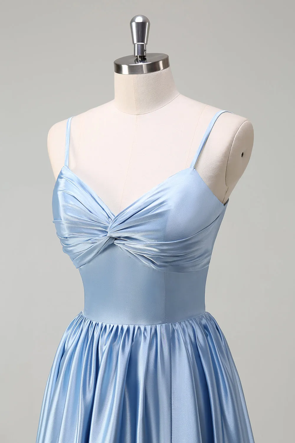 Sky Blue A Line Pleated Hollow Out Bridesmaid Dress with Bow