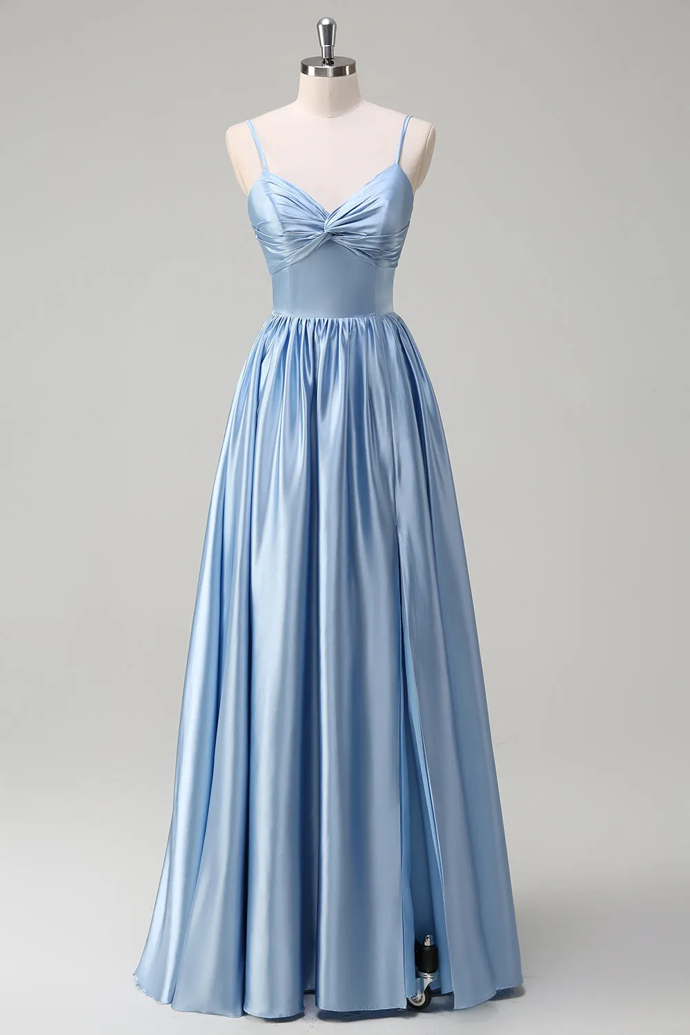 Sky Blue A Line Pleated Hollow Out Bridesmaid Dress with Bow