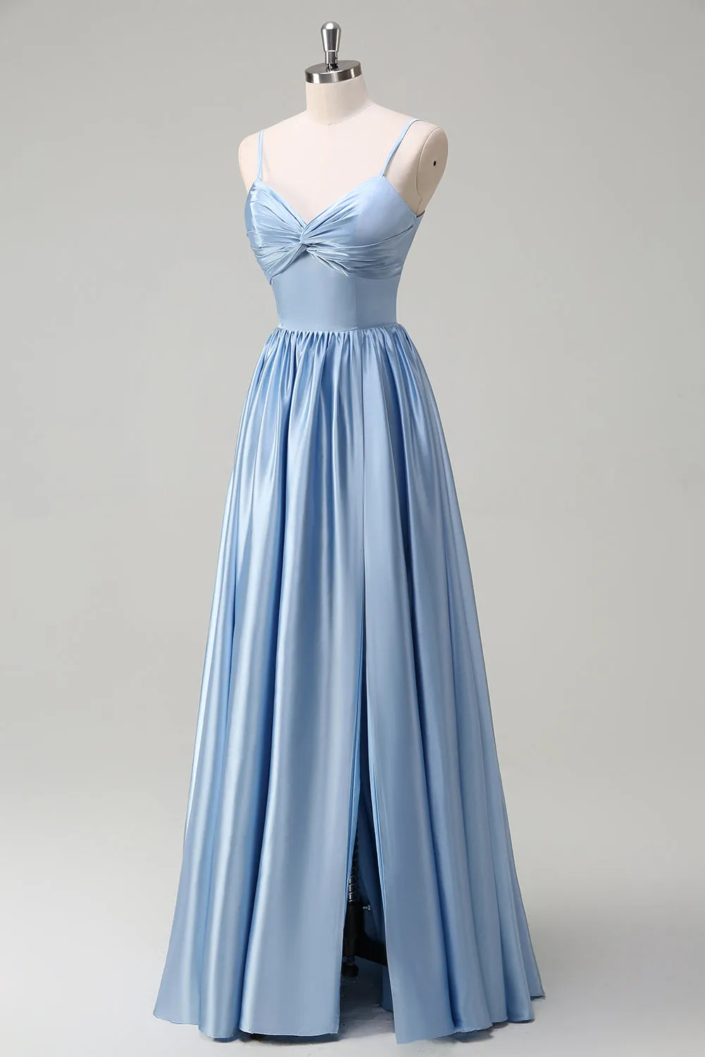 Sky Blue A Line Pleated Hollow Out Bridesmaid Dress with Bow