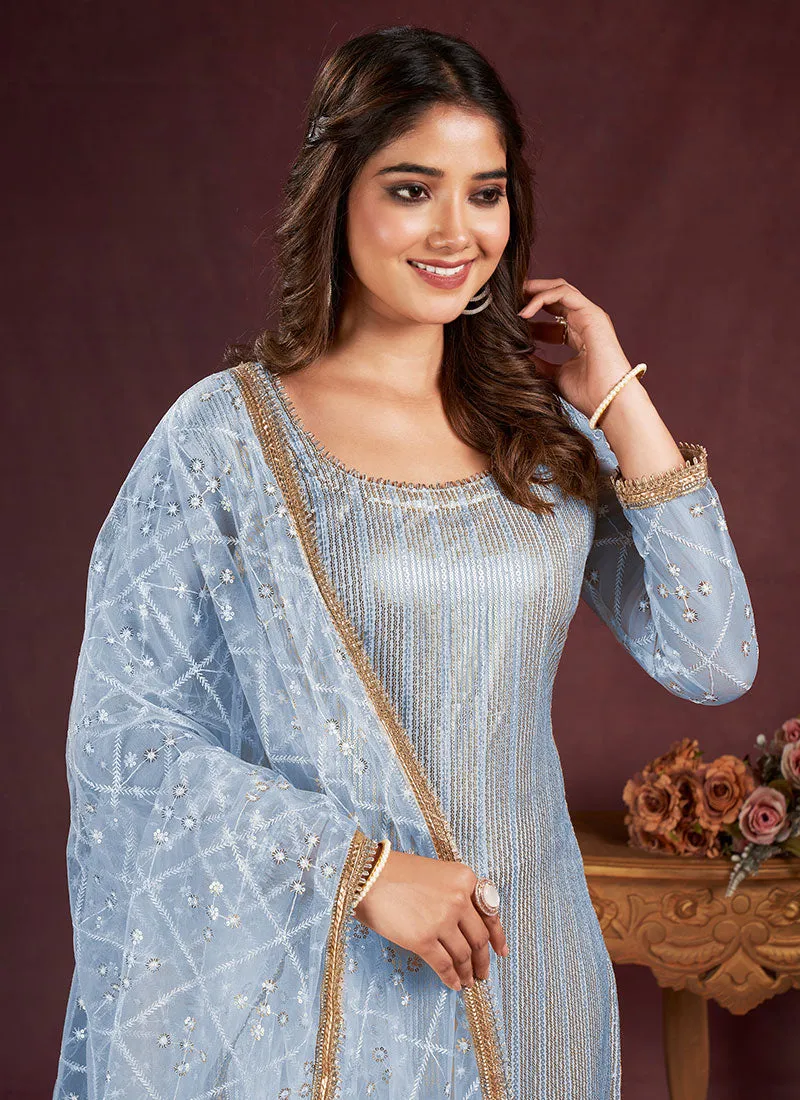 Sky Blue Sequence Embroidery Pant Style Suit