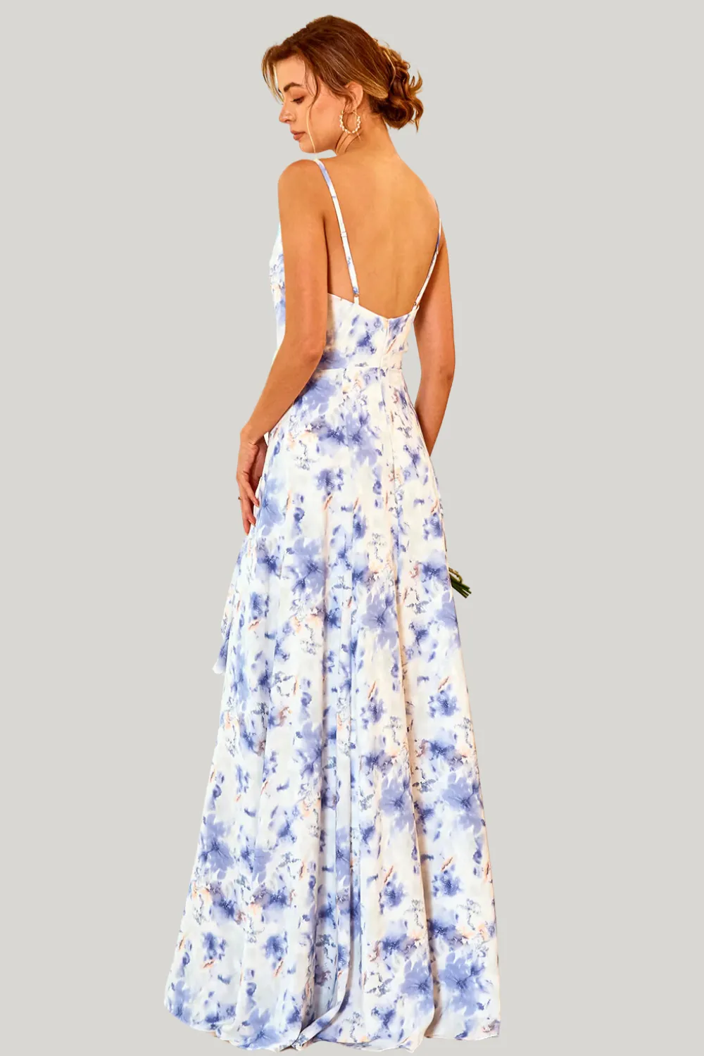 Spaghetti Straps Blue Floral Print A Line Maxi Dress