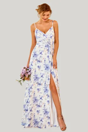 Spaghetti Straps Blue Floral Print A Line Maxi Dress