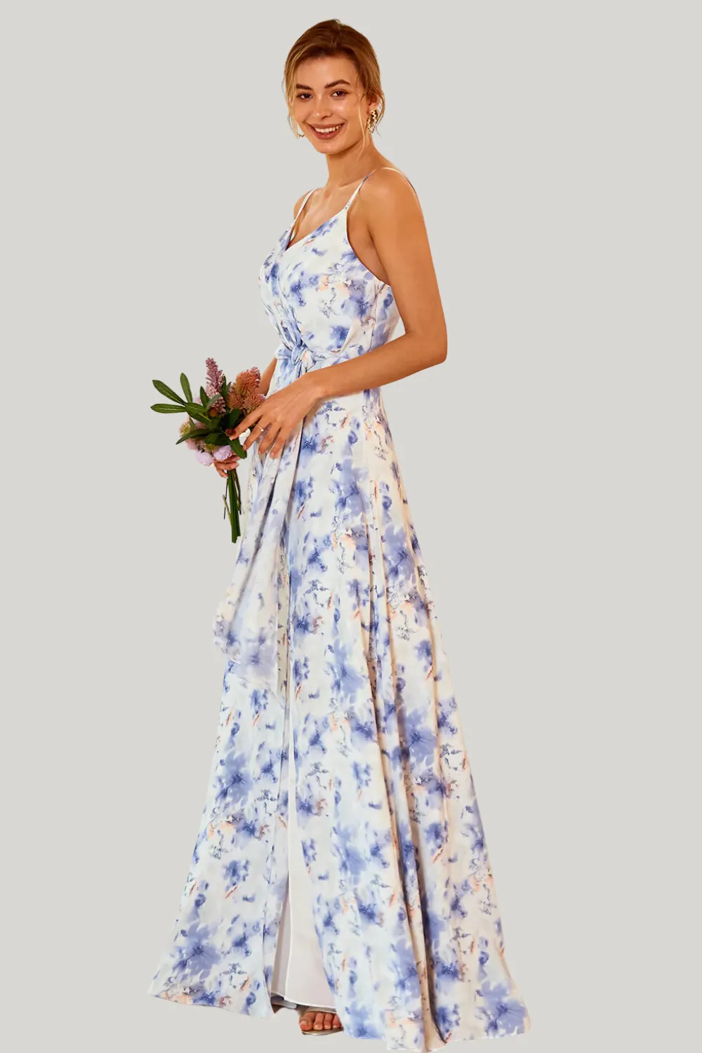 Spaghetti Straps Blue Floral Print A Line Maxi Dress