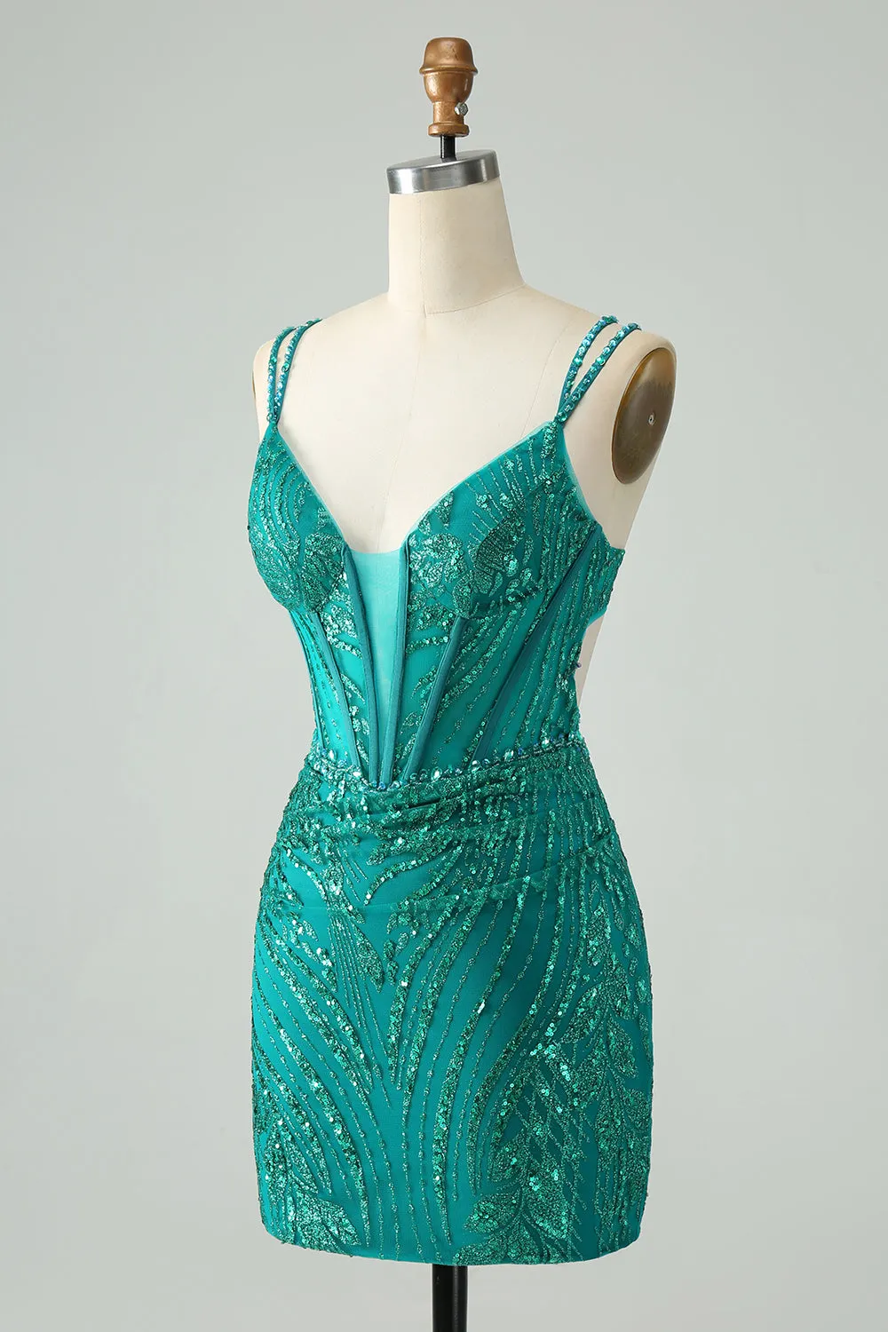 Sparkly Dark Green Bodycon Corset Mini Dress with Sequins