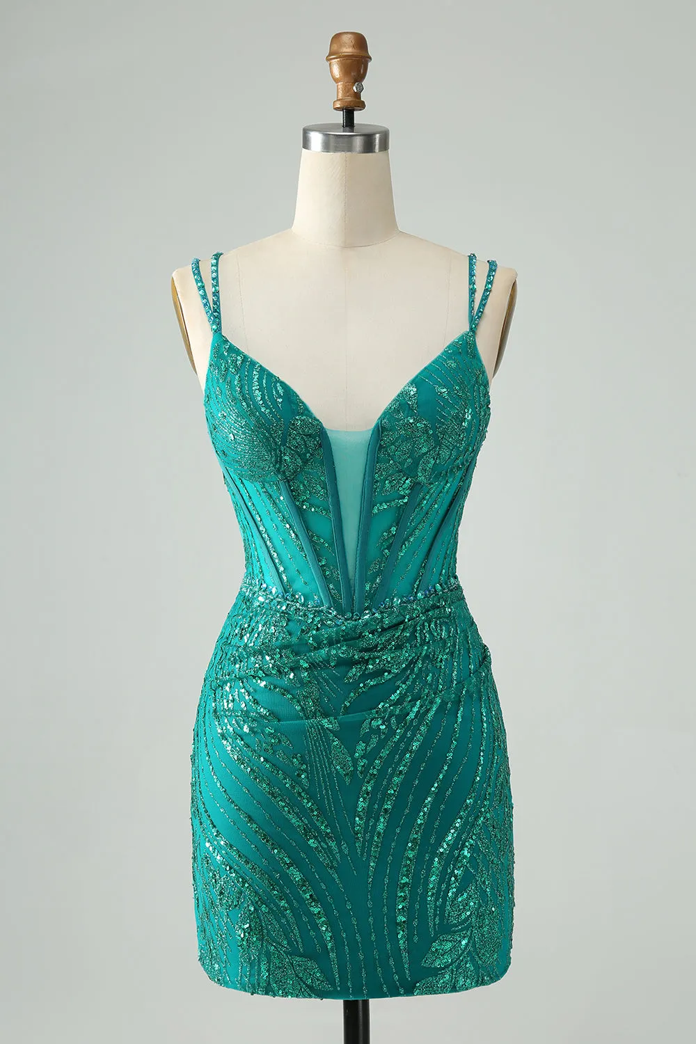 Sparkly Dark Green Bodycon Corset Mini Dress with Sequins