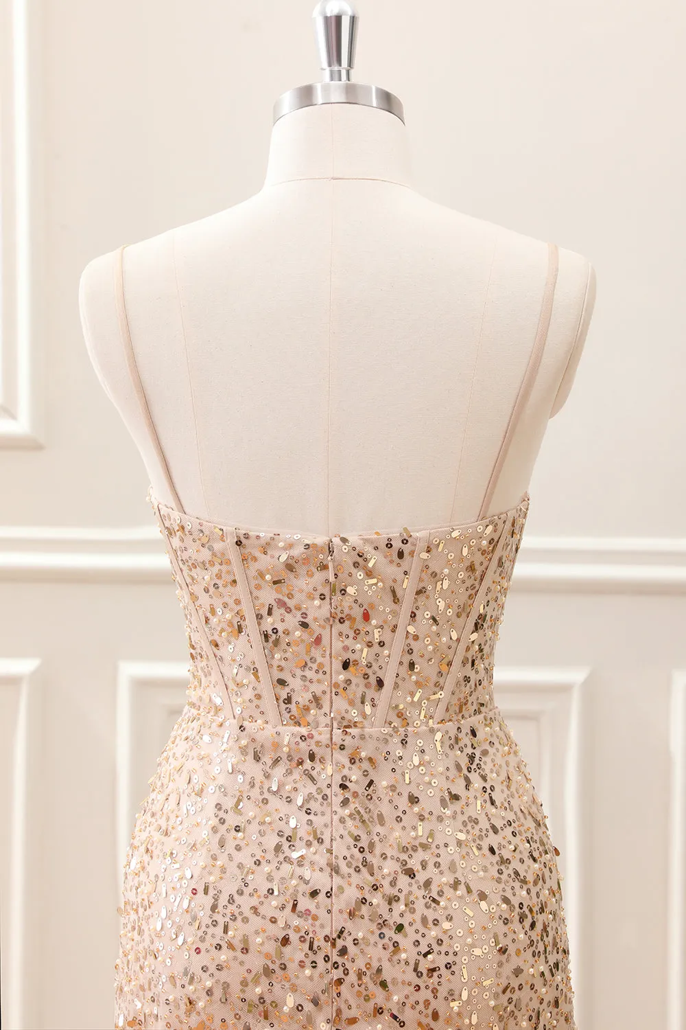 Sparkly Golden Sequined Corset Tight Spaghetti Straps Mini Dress