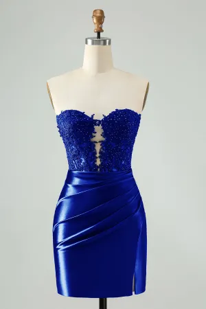 Sparkly Royal Blue Bodycon Strapless Hollow Out Mini Dress with Lace