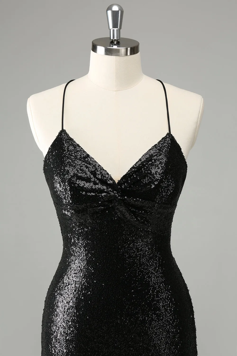 Stylish Glitter Black Sequins Tight Halter Mini Dress with Lace Up Back