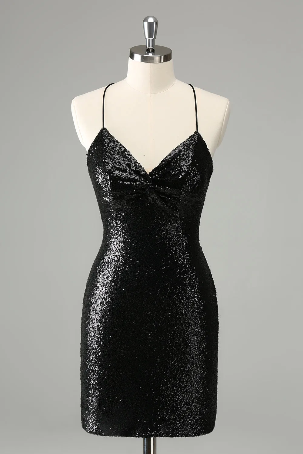 Stylish Glitter Black Sequins Tight Halter Mini Dress with Lace Up Back