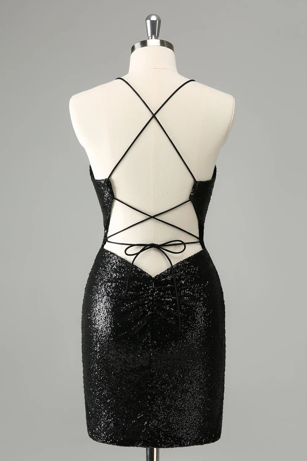 Stylish Glitter Black Sequins Tight Halter Mini Dress with Lace Up Back