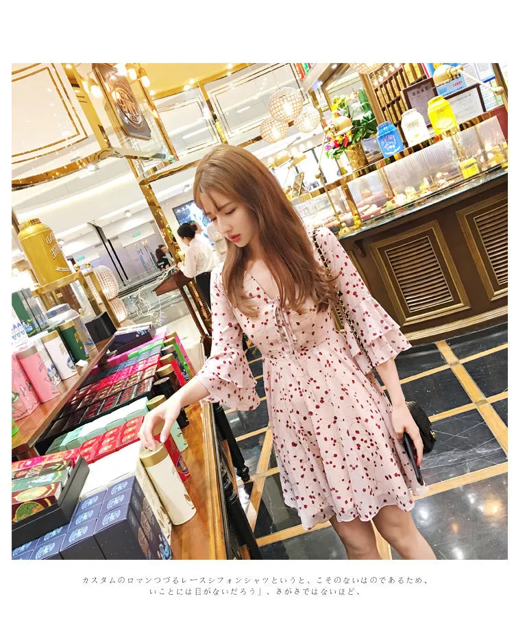 Summer Korean Feminine Trendy Floral Slim Look See Through  V-Neck Lotus Sleeve A-Line Dress