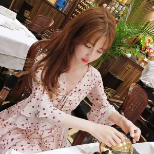 Summer Korean Feminine Trendy Floral Slim Look See Through  V-Neck Lotus Sleeve A-Line Dress