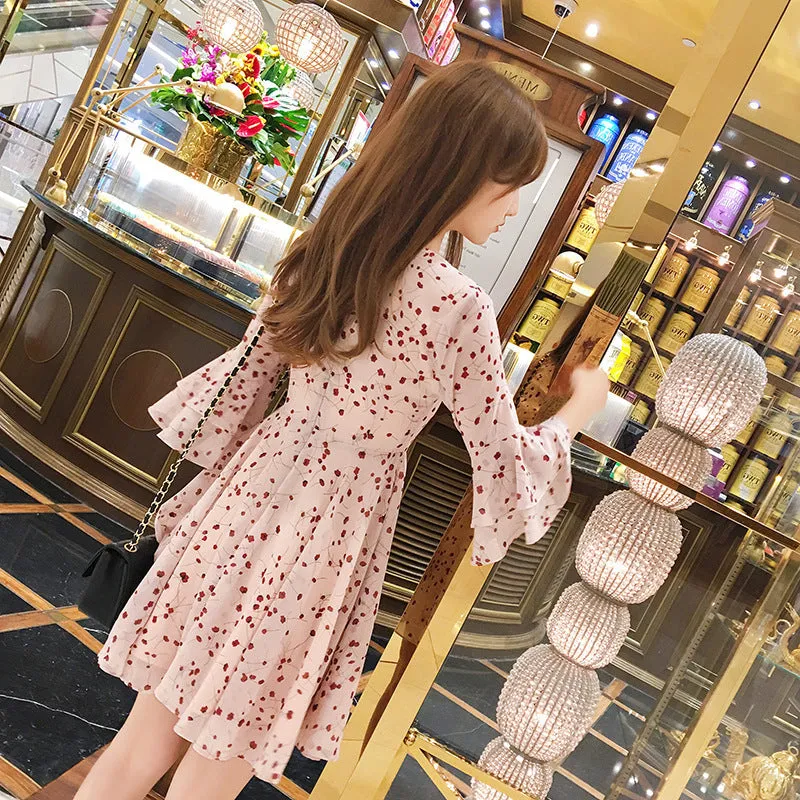 Summer Korean Feminine Trendy Floral Slim Look See Through  V-Neck Lotus Sleeve A-Line Dress