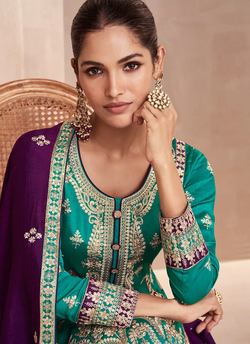 Turquoise And Purple Embroidered Festive Palazzo Suit