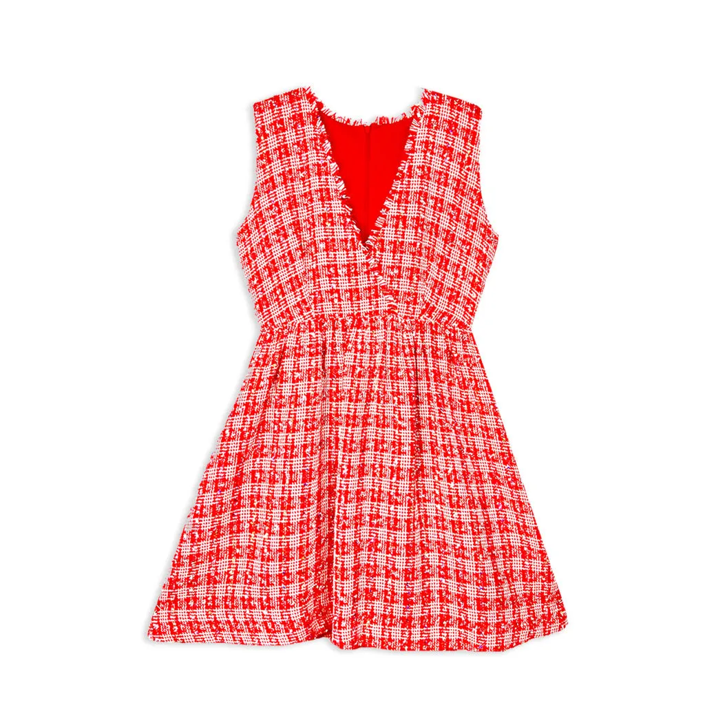 V-Neck Shift Dress - Red Tweed