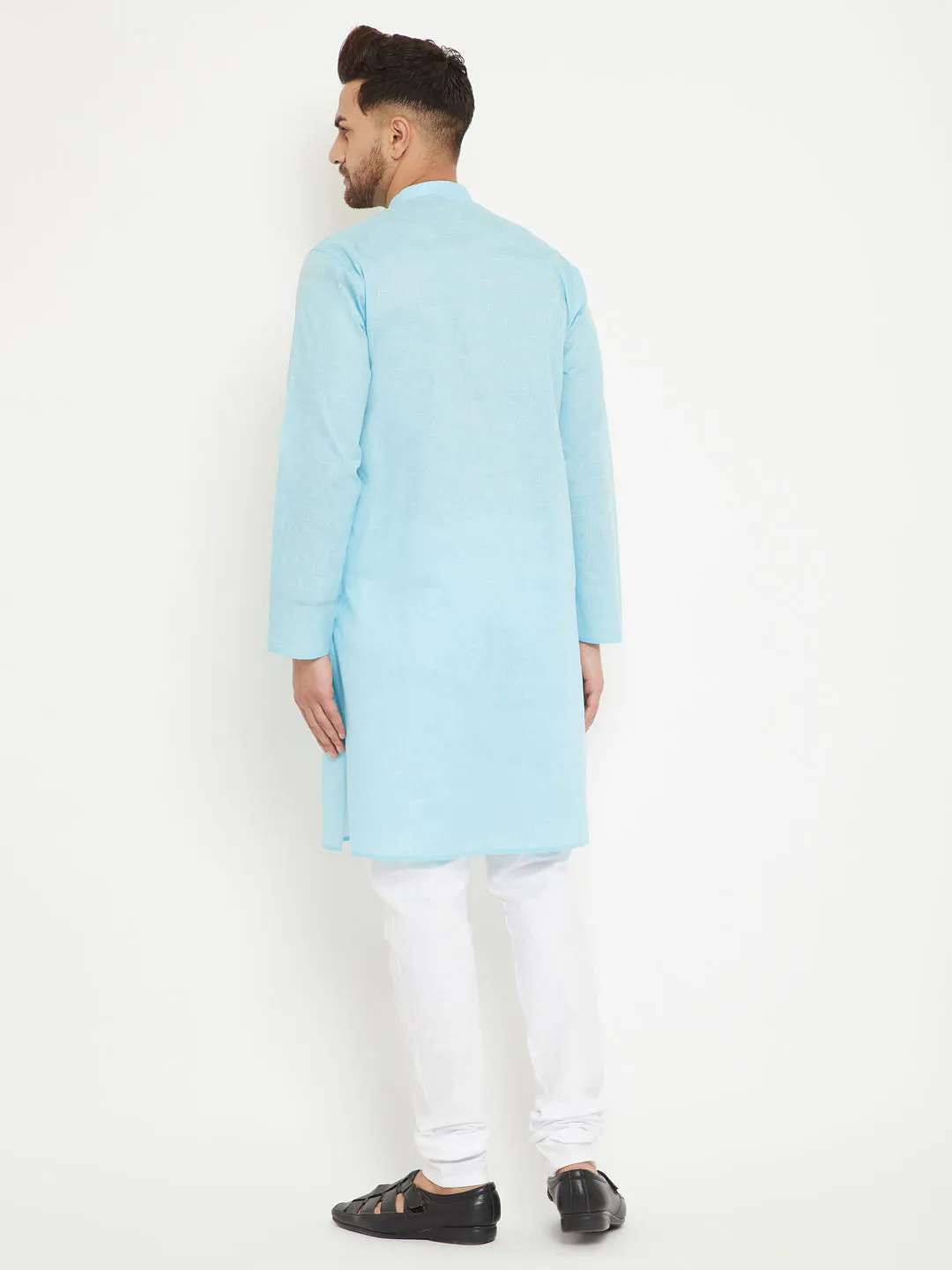 Vastramay Men's Aqua & White Kurta Pyjama