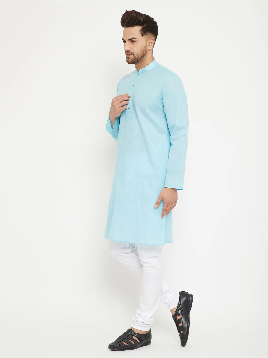 Vastramay Men's Aqua & White Kurta Pyjama