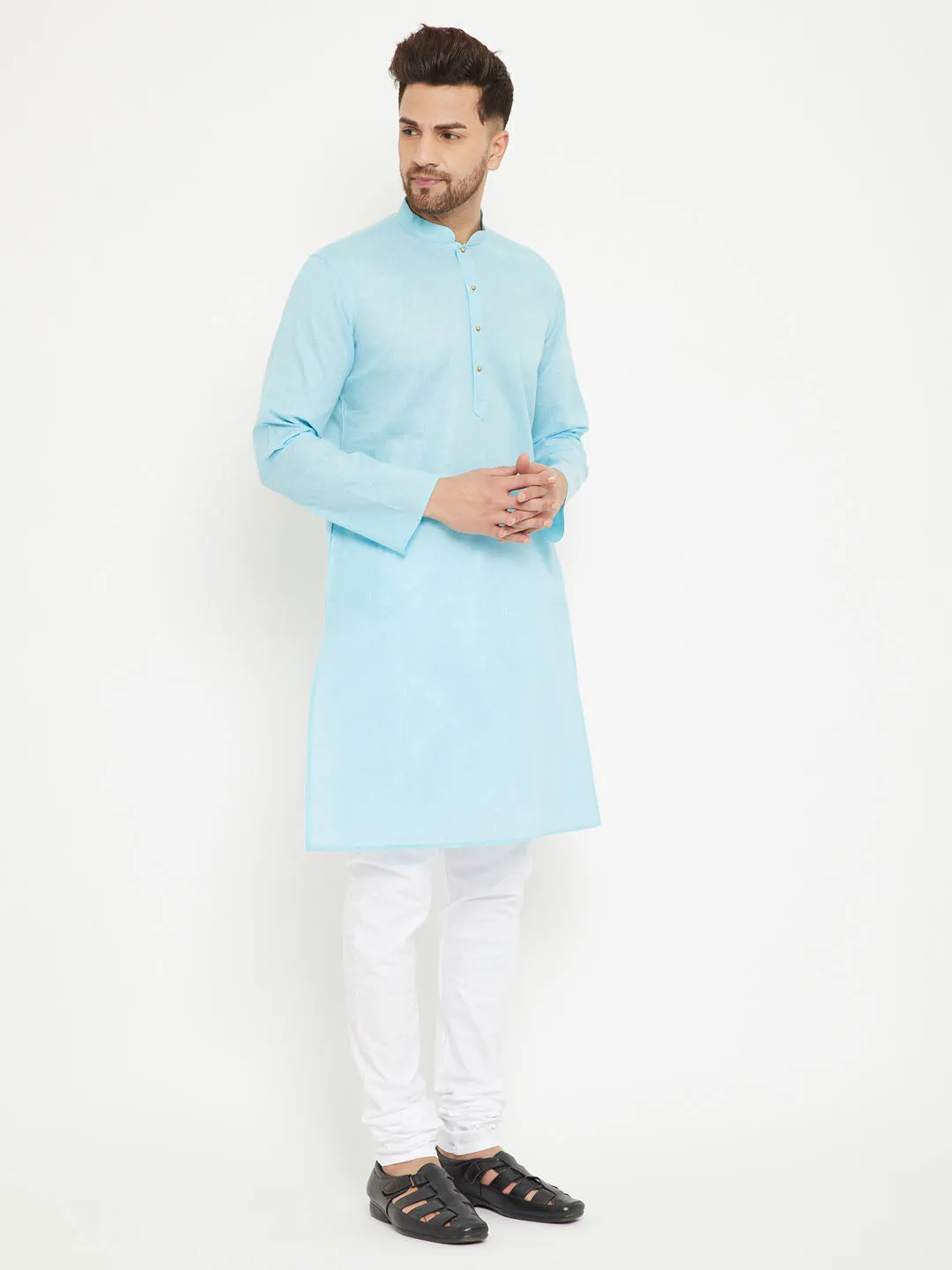 Vastramay Men's Aqua & White Kurta Pyjama