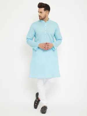 Vastramay Men's Aqua & White Kurta Pyjama