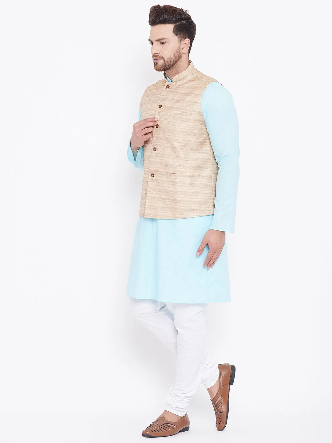 VASTRAMAY Men's Beige Aqua Cotton Jacket Set