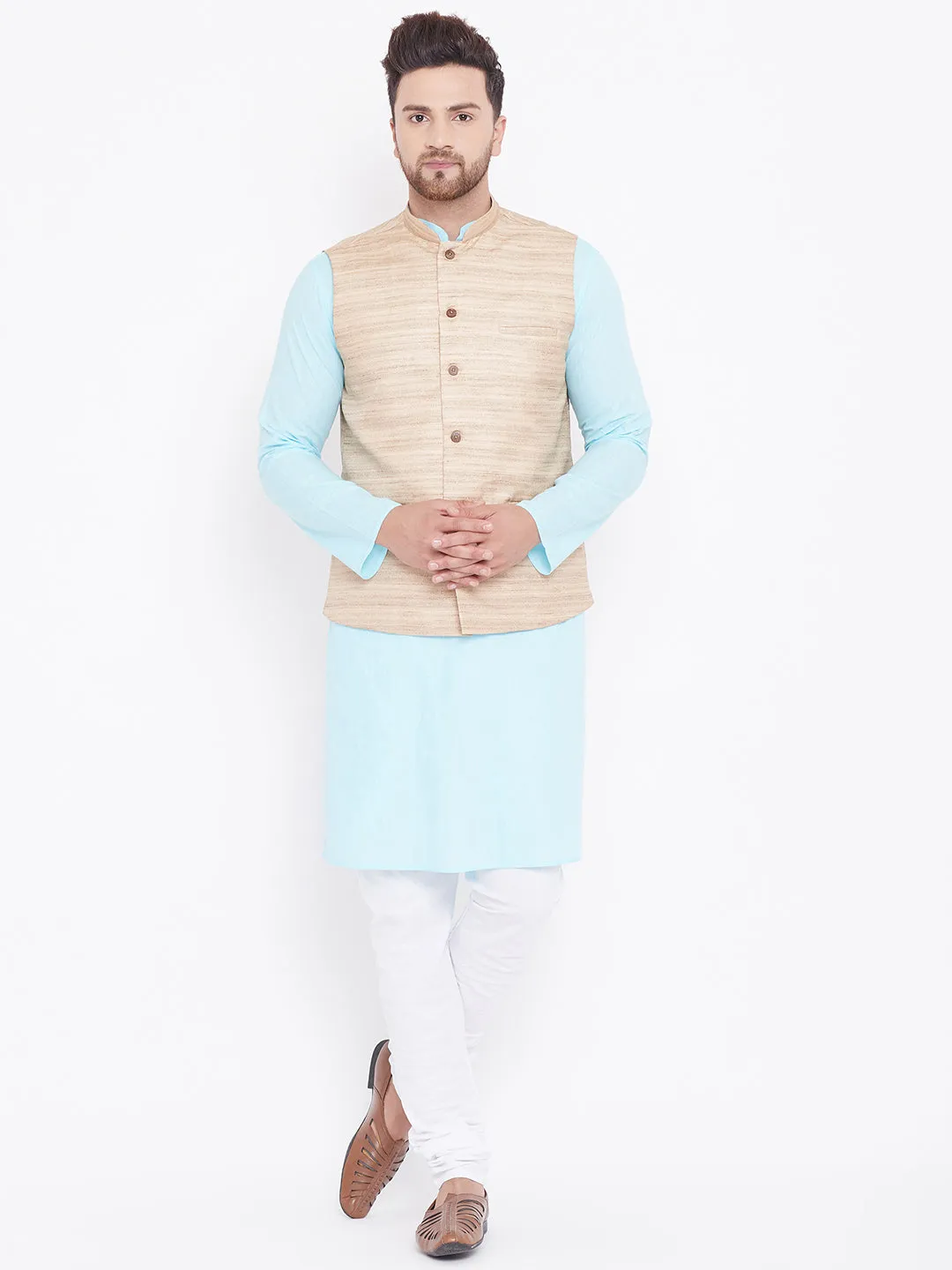 VASTRAMAY Men's Beige Aqua Cotton Jacket Set