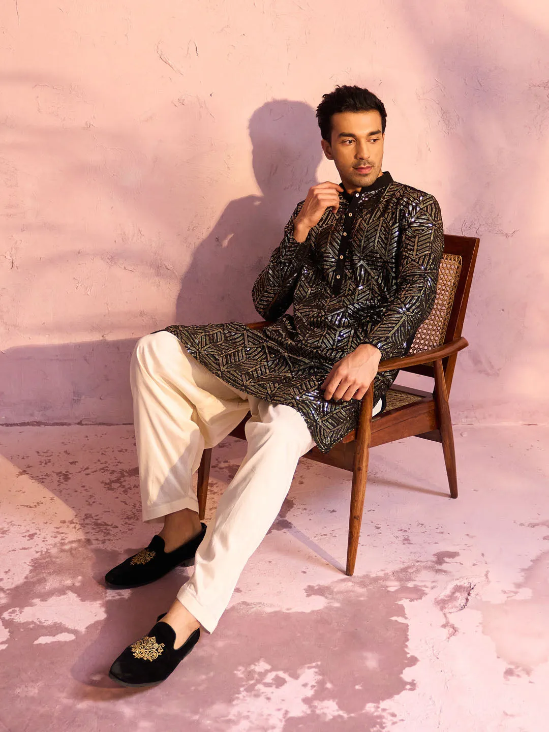 Vastramay Men's Black Georgette Kurta Set