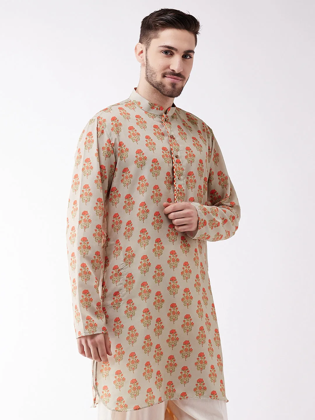 Vastramay Men's Multicolor-Base-Cream Muslin Cotton Kurta