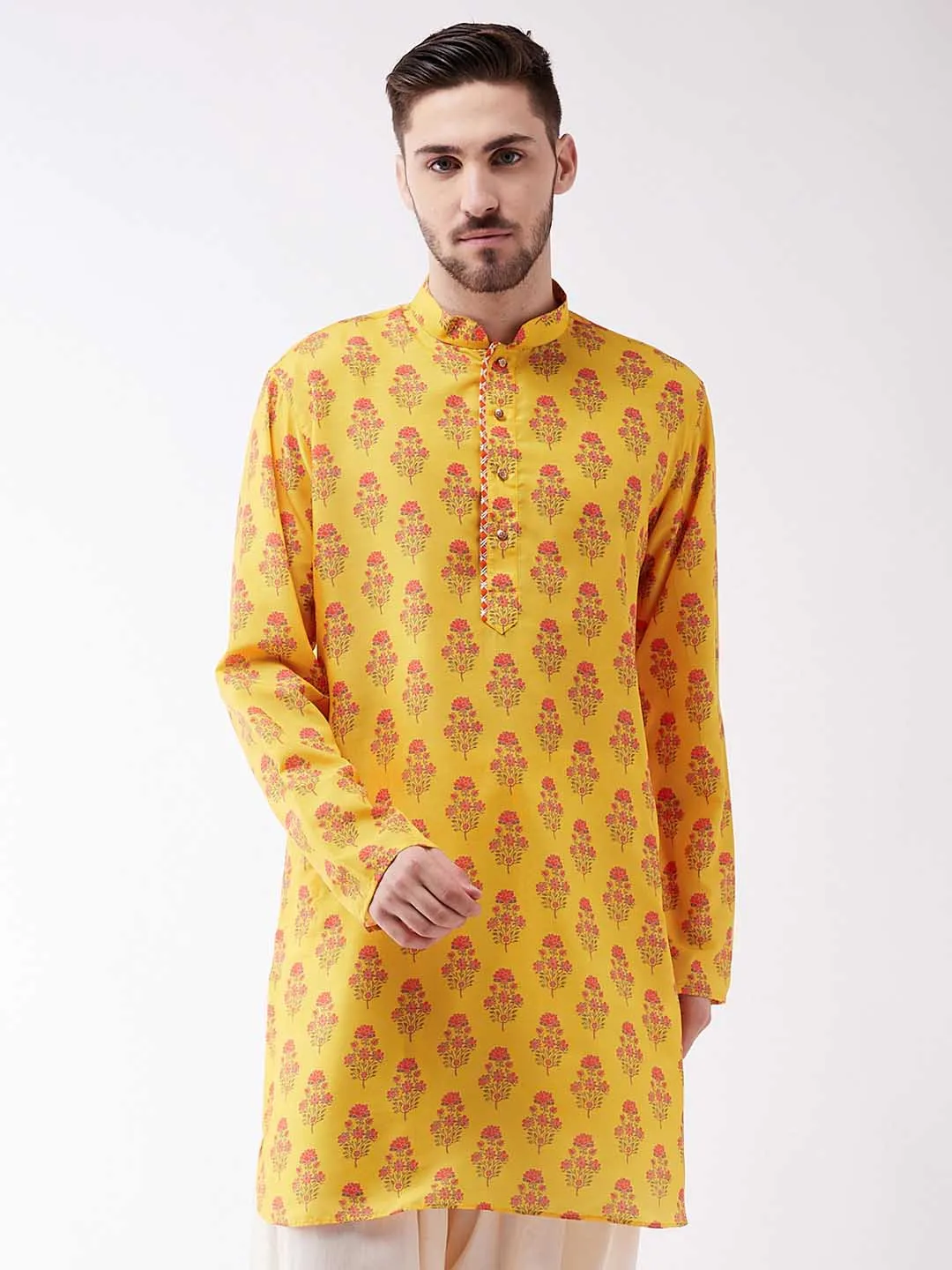 Vastramay Men's Multicolor-Base-Mustard Muslin Cotton Kurta