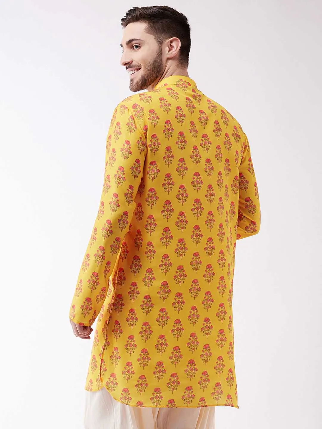 Vastramay Men's Multicolor-Base-Mustard Muslin Cotton Kurta