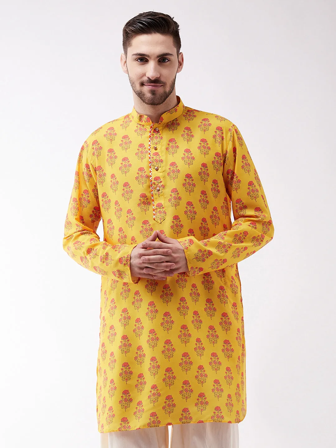 Vastramay Men's Multicolor-Base-Mustard Muslin Cotton Kurta