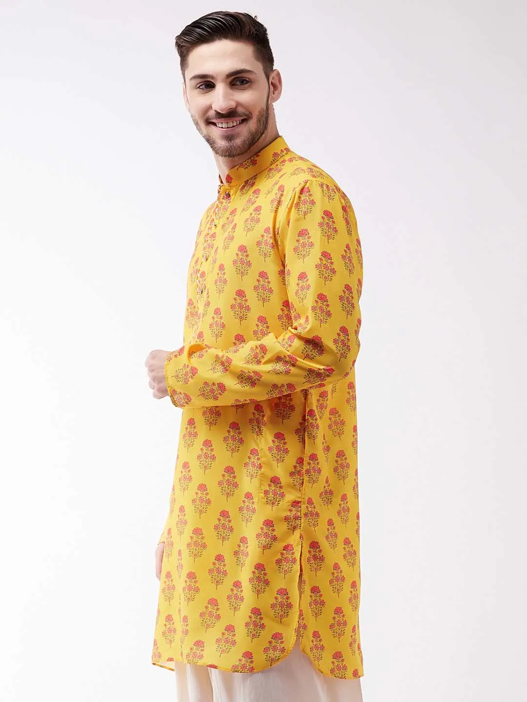 Vastramay Men's Multicolor-Base-Mustard Muslin Cotton Kurta