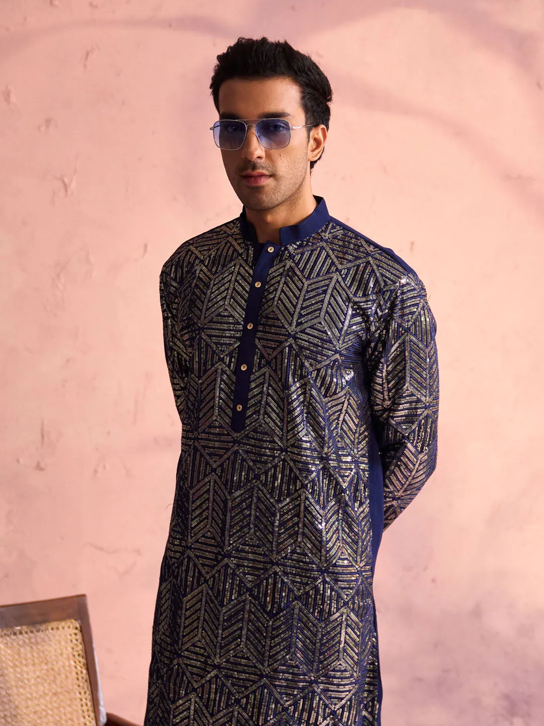 Vastramay Men's Navy Blue Georgette Kurta Set