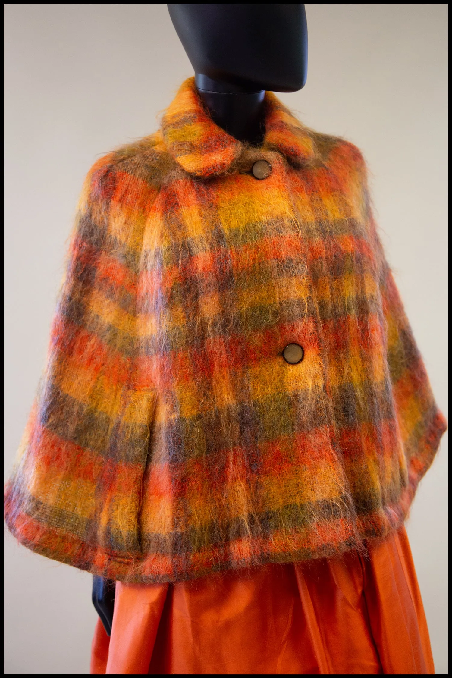 Vintage 1960s Burnt Orange Plaid Mohair Cape