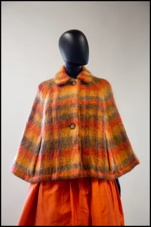 Vintage 1960s Burnt Orange Plaid Mohair Cape