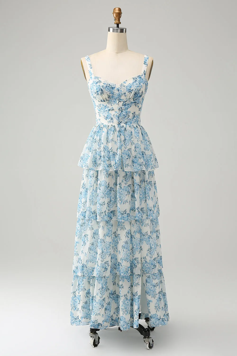 White Blue Corset Tiered Floral Tea Length Dress