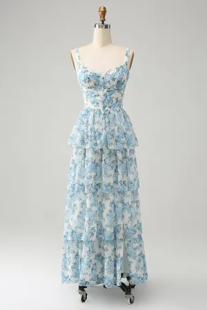 White Blue Corset Tiered Floral Tea Length Dress