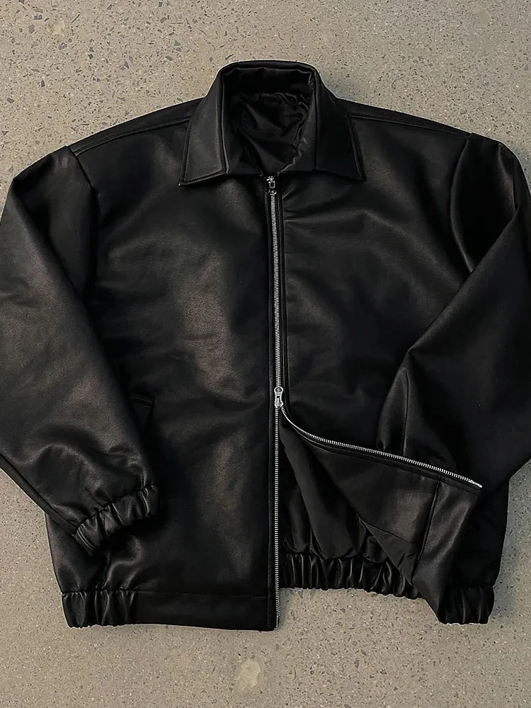 Wiaofellas  -  Male Turn Down Collar PU Leather Jackets High Street Solid Color Zipper Men's Clothing Coats Niche Design Spring