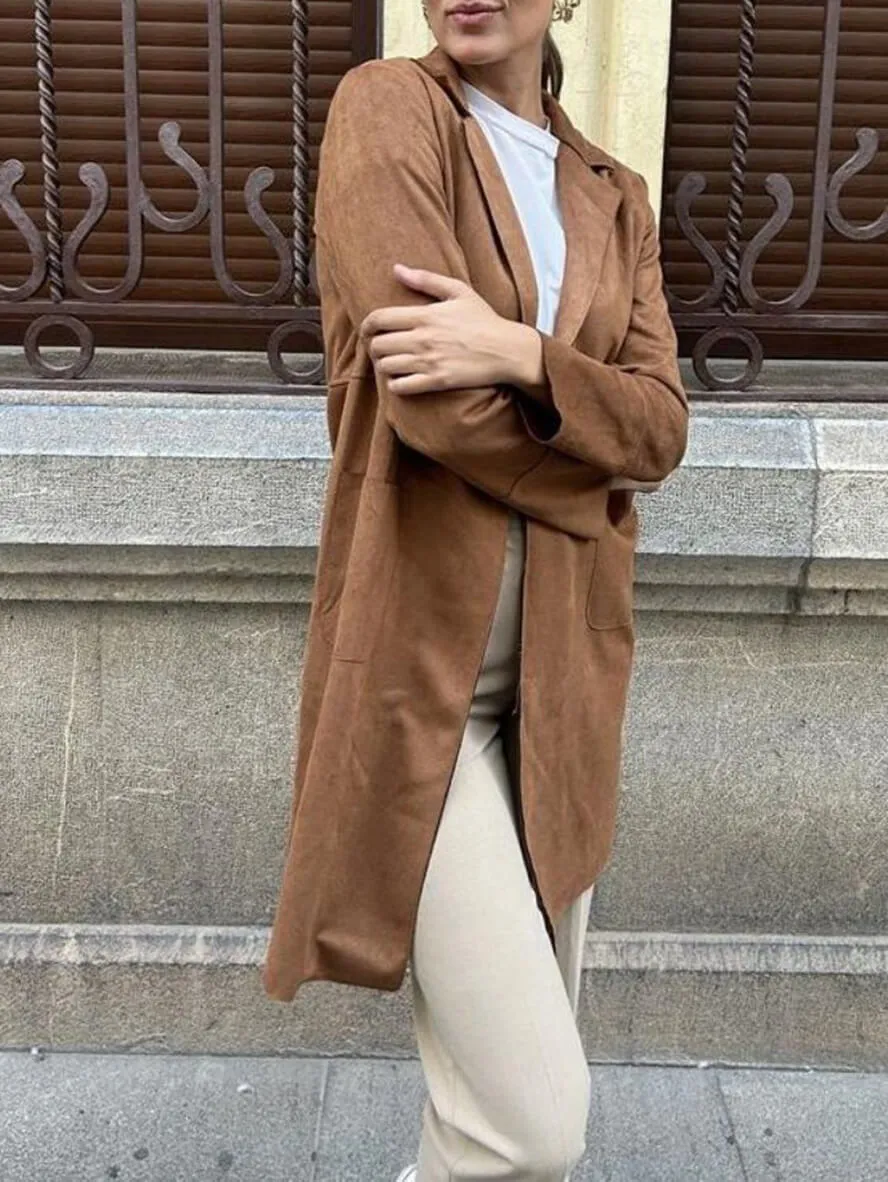 Women's Chic Mid-Length Suede Blazer with Pockets | For Everyday Wear