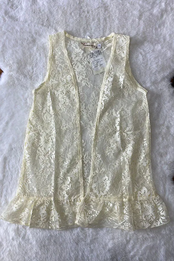 XCH0001-5H Cream open style lace sleeveless girls cardigan/vest