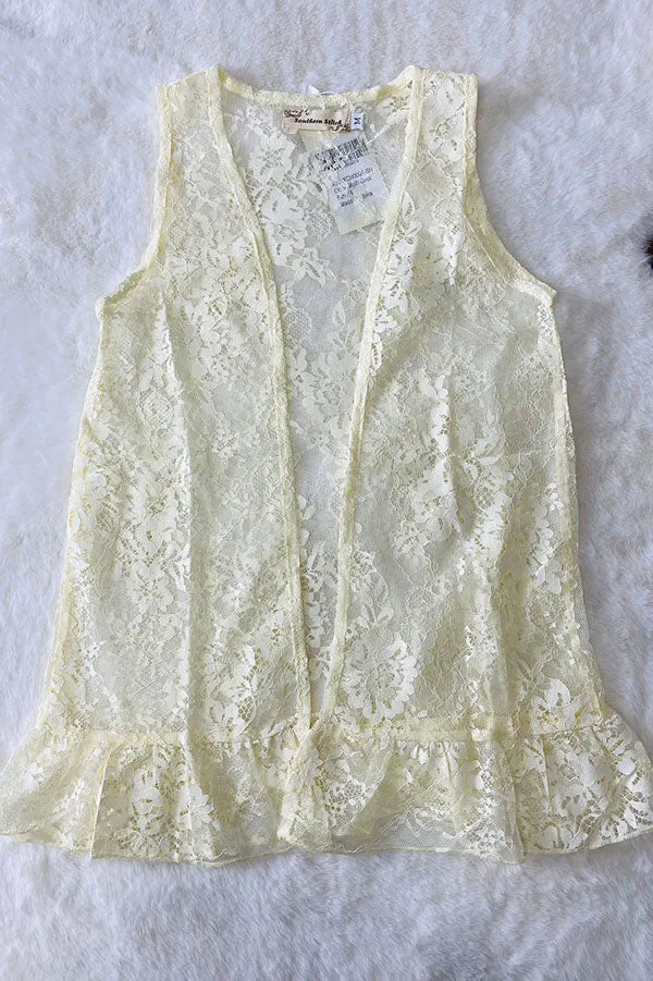 XCH0001-5H Cream open style lace sleeveless girls cardigan/vest