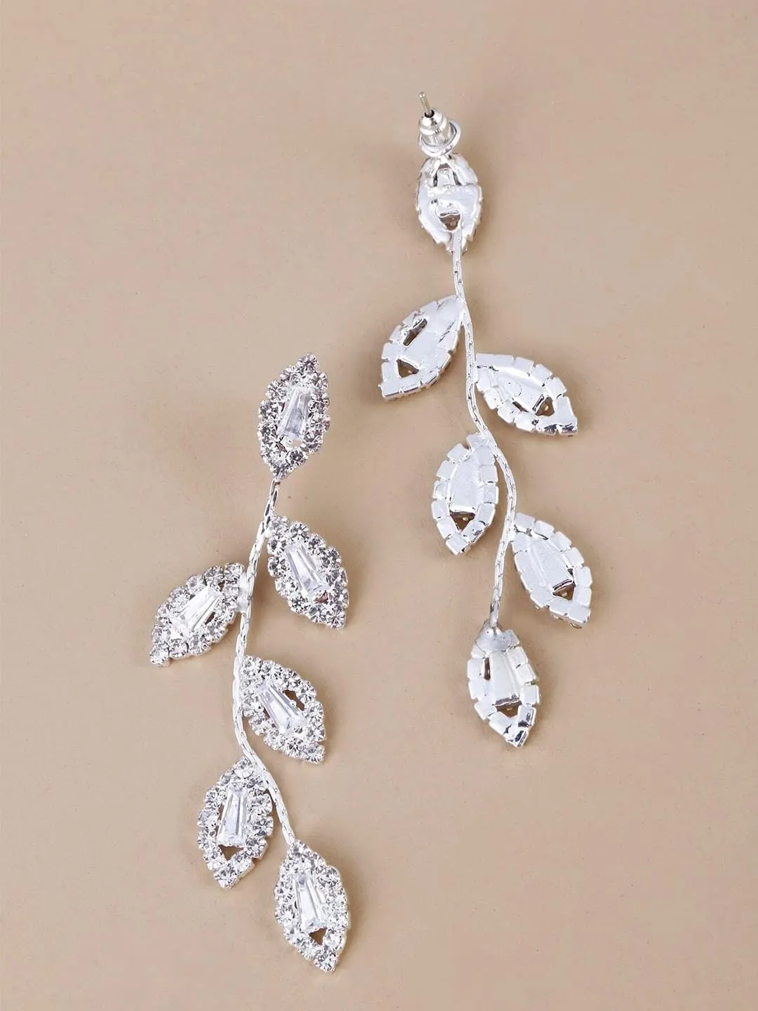 Yellow Chimes Earrings For Women Silver Tone Elegant Leaf Designed Crystal Studded Linear Drop Dangler Earrings For Women and Girls