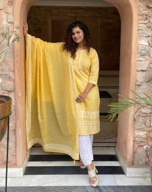 Yellow Embroidered  Dupatta Suit Set